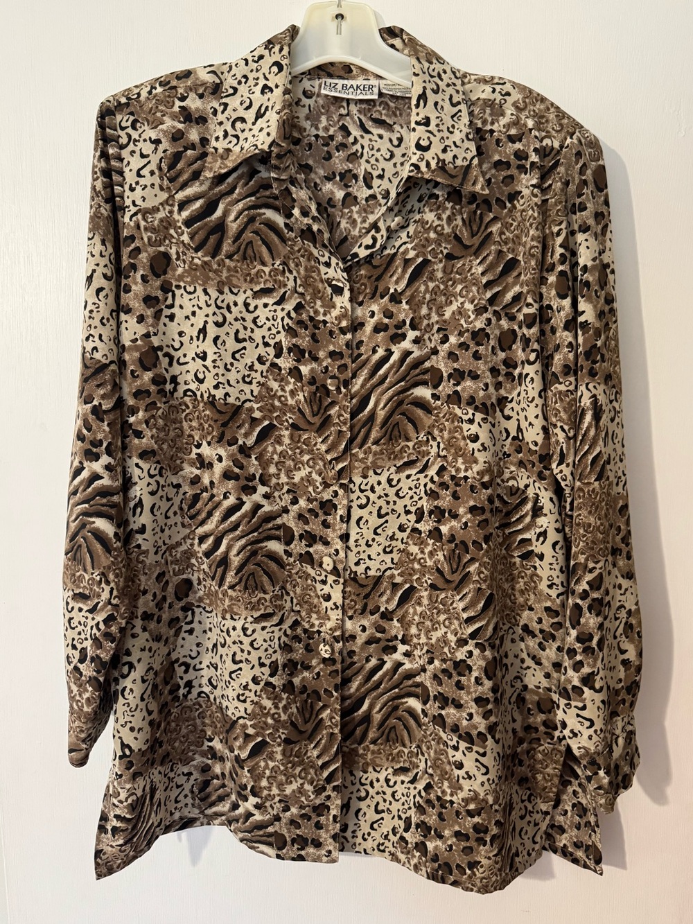 Liz Baker Cream and Brown Animal Print Collar Button-Down Shirt